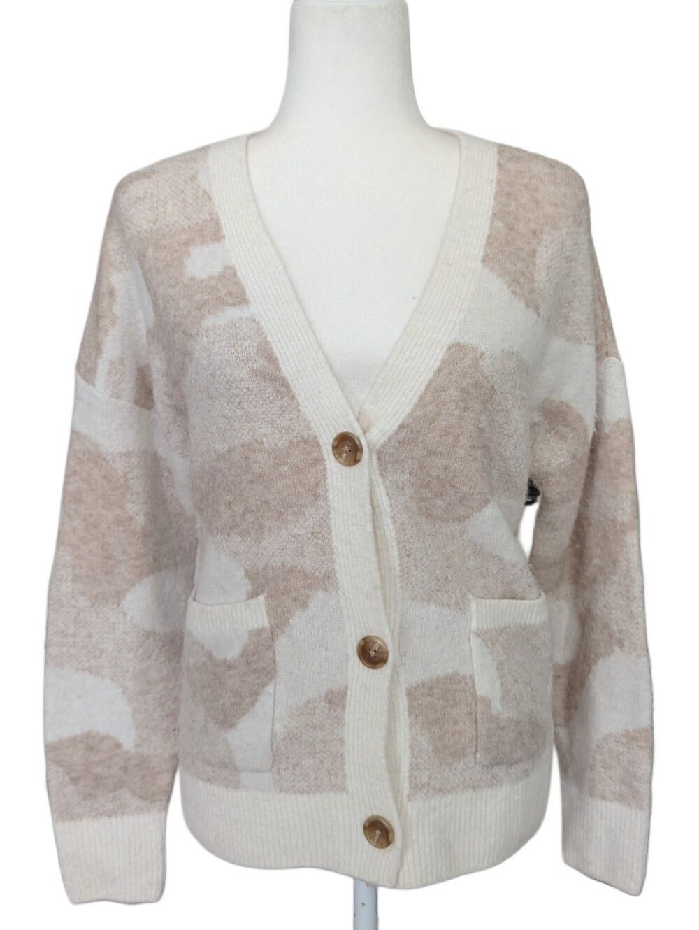 Lucky Brand Womens Beige Cream Camo V-Neck Button Up Cardigan Size Medium